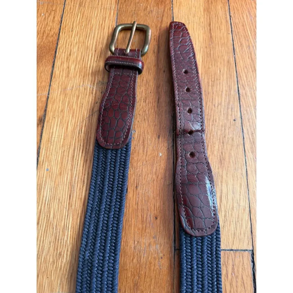 BROOKS BROTHERS Distressed Navy Stretch Belt w/Leather Trim sz 38 (Runs small)